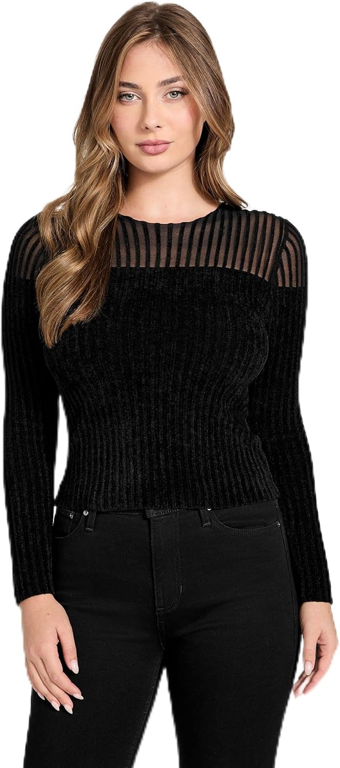 

Длинный свитер Guess Womens Rowena из ребристой шениллы с длинными рукавами, Black