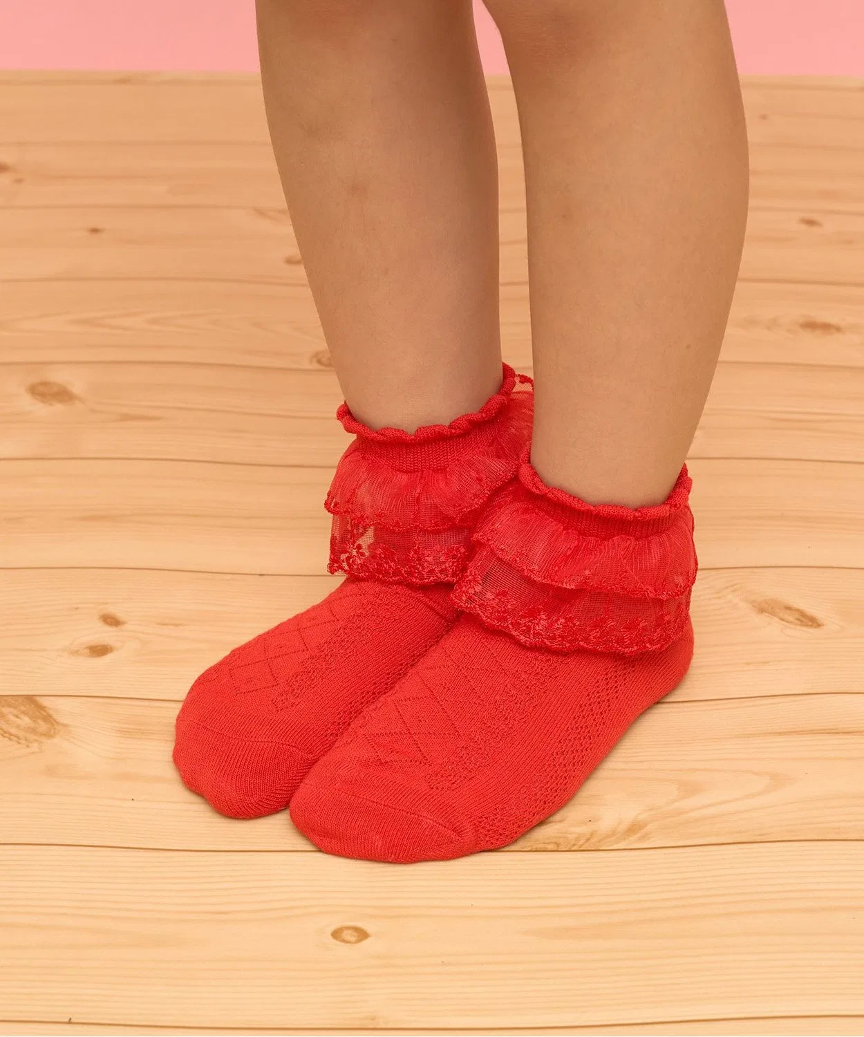 Носки с двойным кружевом, красные, детские, S/M