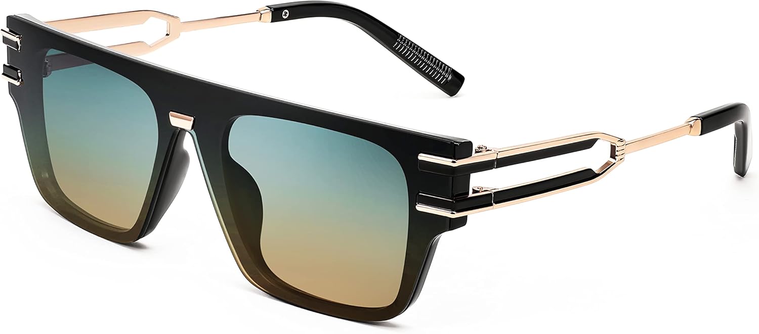 

FEISEDY Модные квадратные солнцезащитные очки для женщин и мужчин в стиле ретро с металлическими боковыми линзами и защитой от УФ-излучения UV400, артикул B2678, 003 Black Frame/Blue Yellow Lens