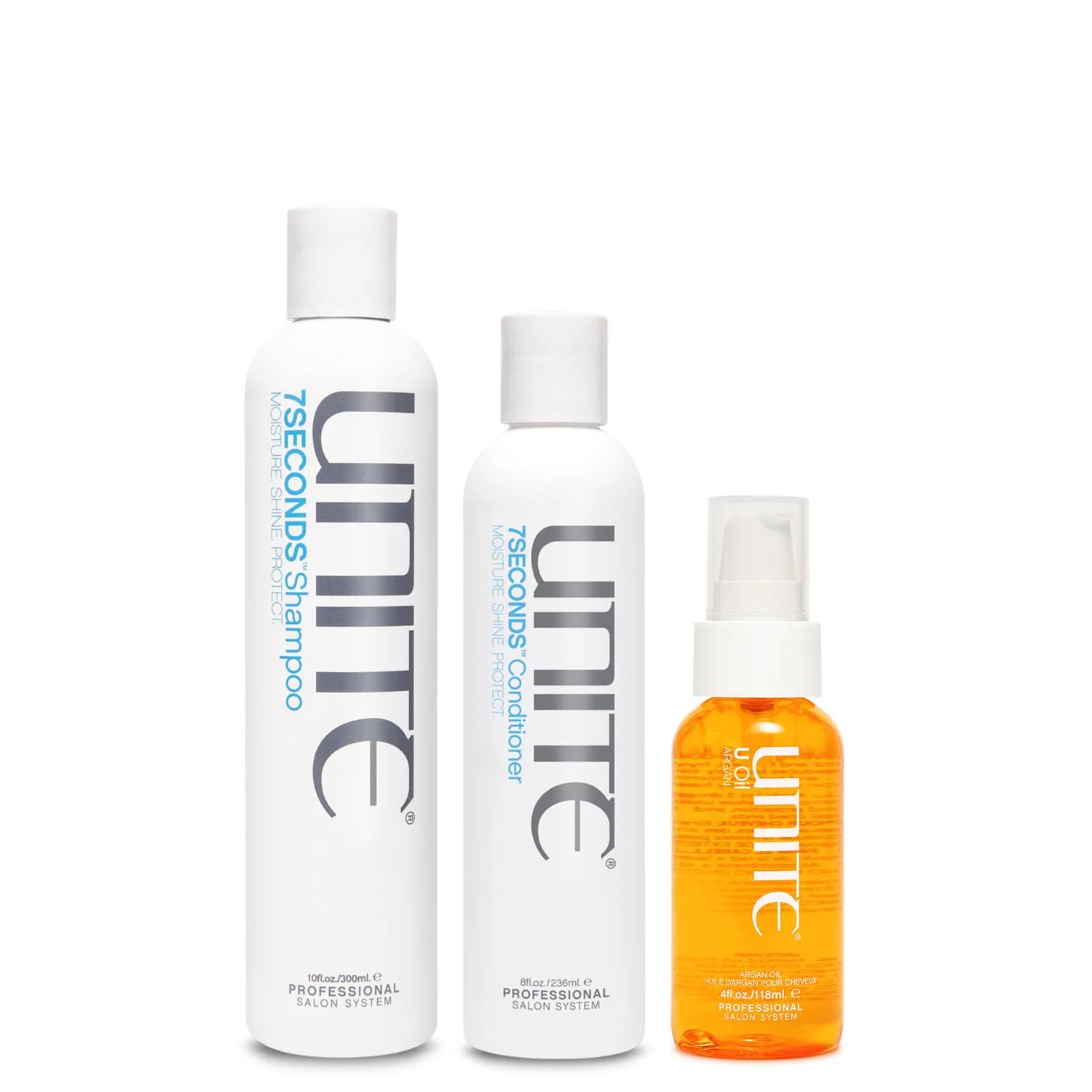 UNITE Hair - Шампунь, кондиционер и масло U 7SECONDS - Увлажняет, восстанавливает и придает блеск - Защита от УФ-излучения и высоких температур - 10 жидких унций, 8 жидких унций и 4 жидких унции