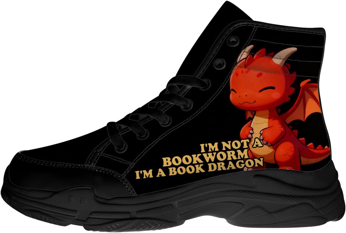 

Кроссовки Dragon Reading Book для женщин и мужчин, высокие шнуровочные кеды из ткани, подарки для нее и для него Quorax, черный/красный