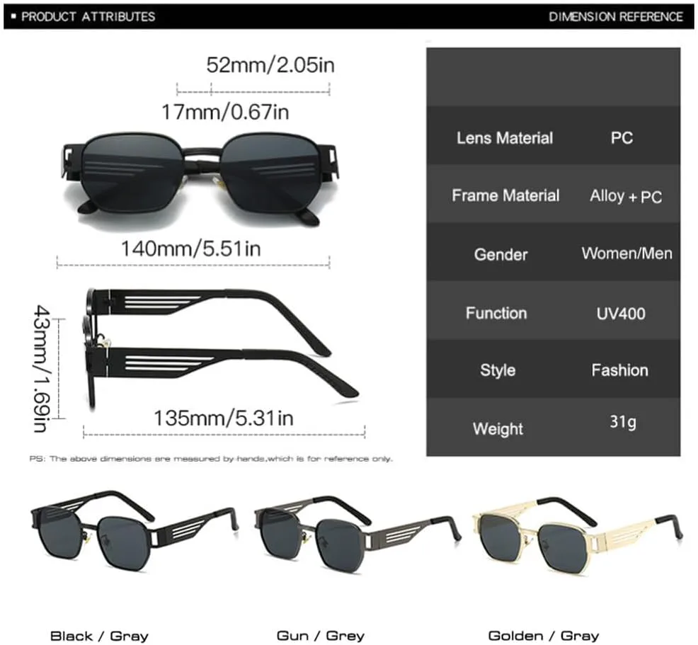 

MUTYNE Мужские панк-металлические солнцезащитные очки в стиле ретро с защитой от УФ-излучения UV400 Женские солнцезащитные очки с широкими дужками, Black Gray