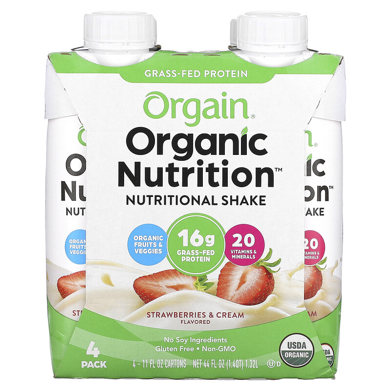 

Orgain, Organic Nutrition, питательный коктейль, клубника и сливки, 4 упаковки по 330 мл (11 жидк. унц.)