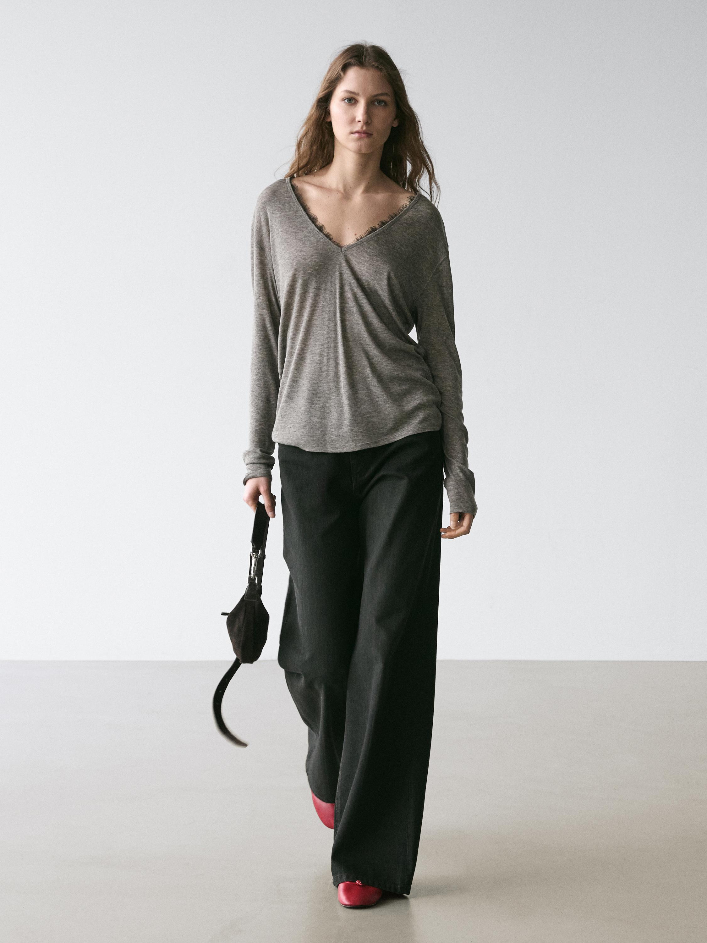 

Футболка с V-образным вырезом и кружевной отделкой Massimo Dutti, grey marl, Серый, Футболка с V-образным вырезом и кружевной отделкой Massimo Dutti, grey marl