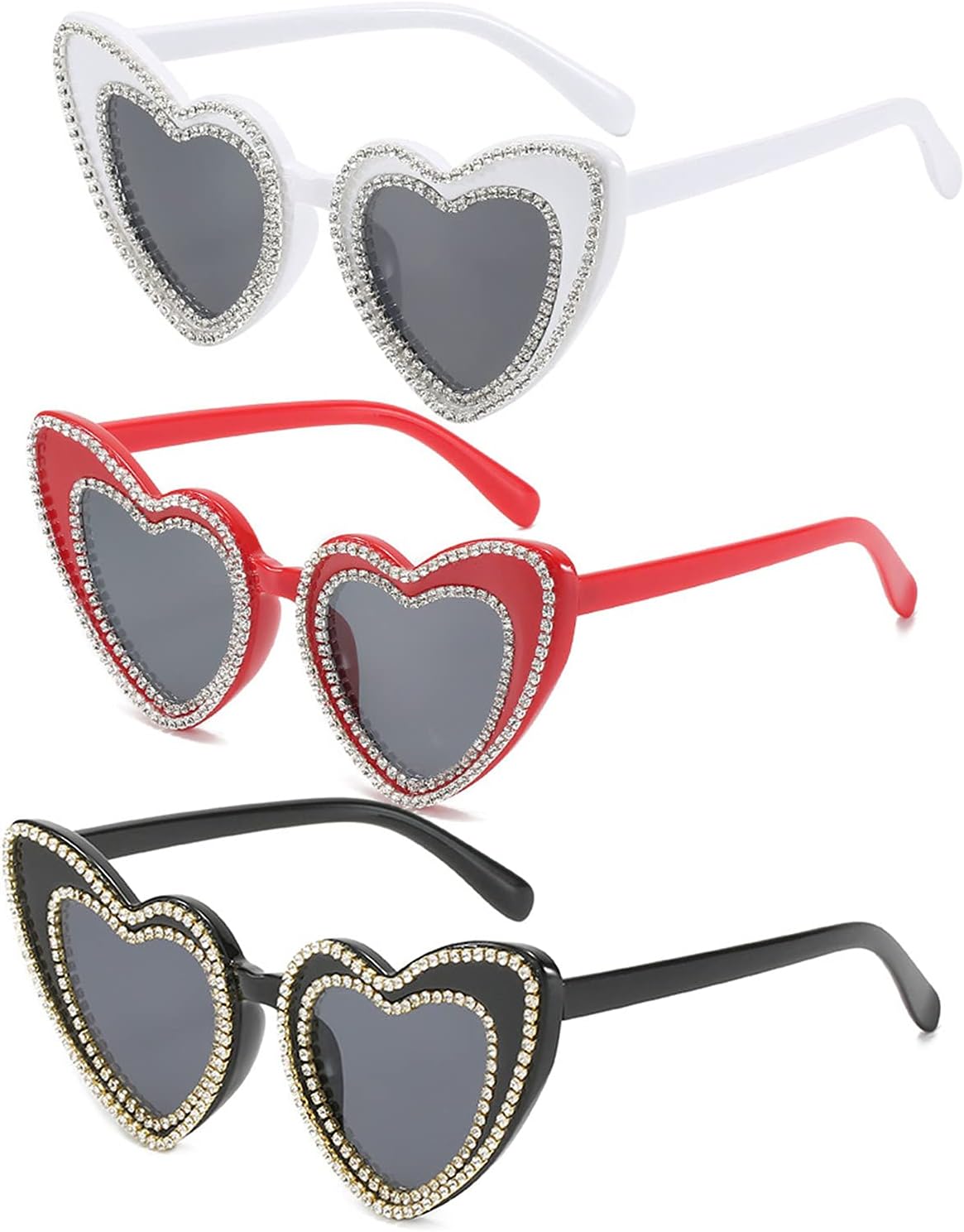 

Willochra Милые солнцезащитные очки в форме сердца с кристаллами и стразами в маленькой оправе, модные женские солнцезащитные очки для вечеринок с бриллиантами, 3pack-black&red&white