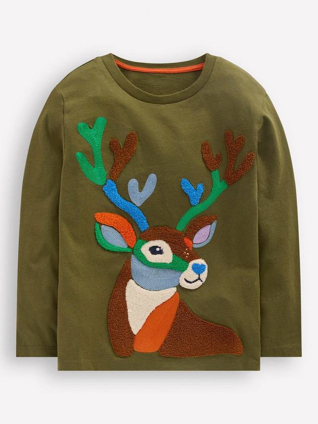 

Детская футболка с длинным рукавом из хлопкового букле Mini Boden, Winter Moss Deer