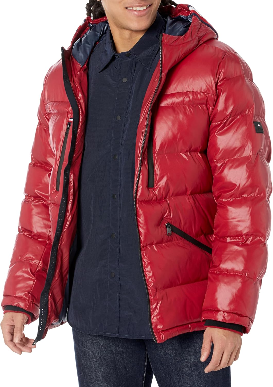 

Мужская блестящая стеганая куртка Tommy Hilfiger Mens с логотипом средней толщины, Red