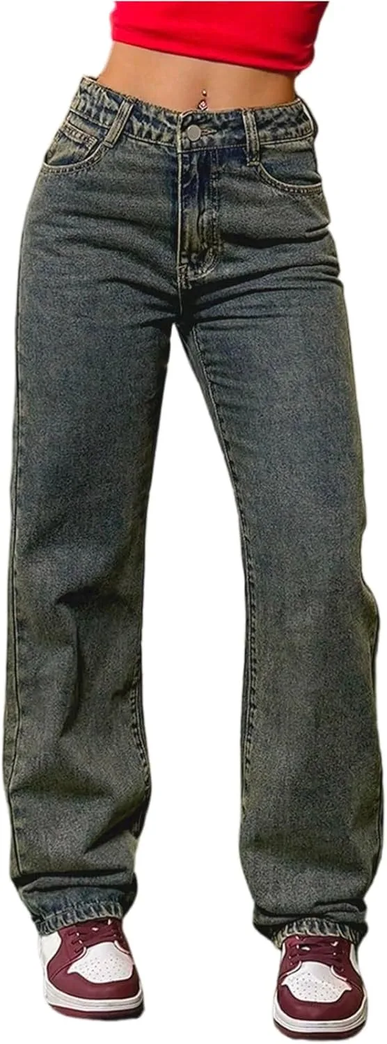 

Прямые джинсы для женщин, High Waisted, широкие, свободные