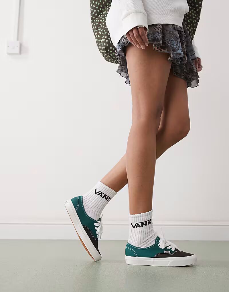 Кроссовки Vans Authentic двухцветные с крупными шнурками серого и зеленого цвета — фото 3