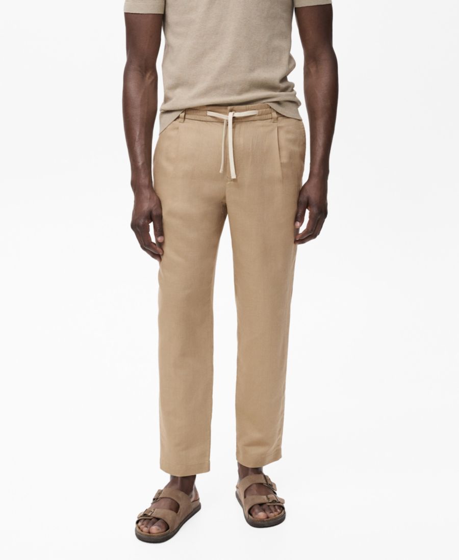 

Мужские льняные брюки приталенного кроя на шнуровке MANGO, Beige