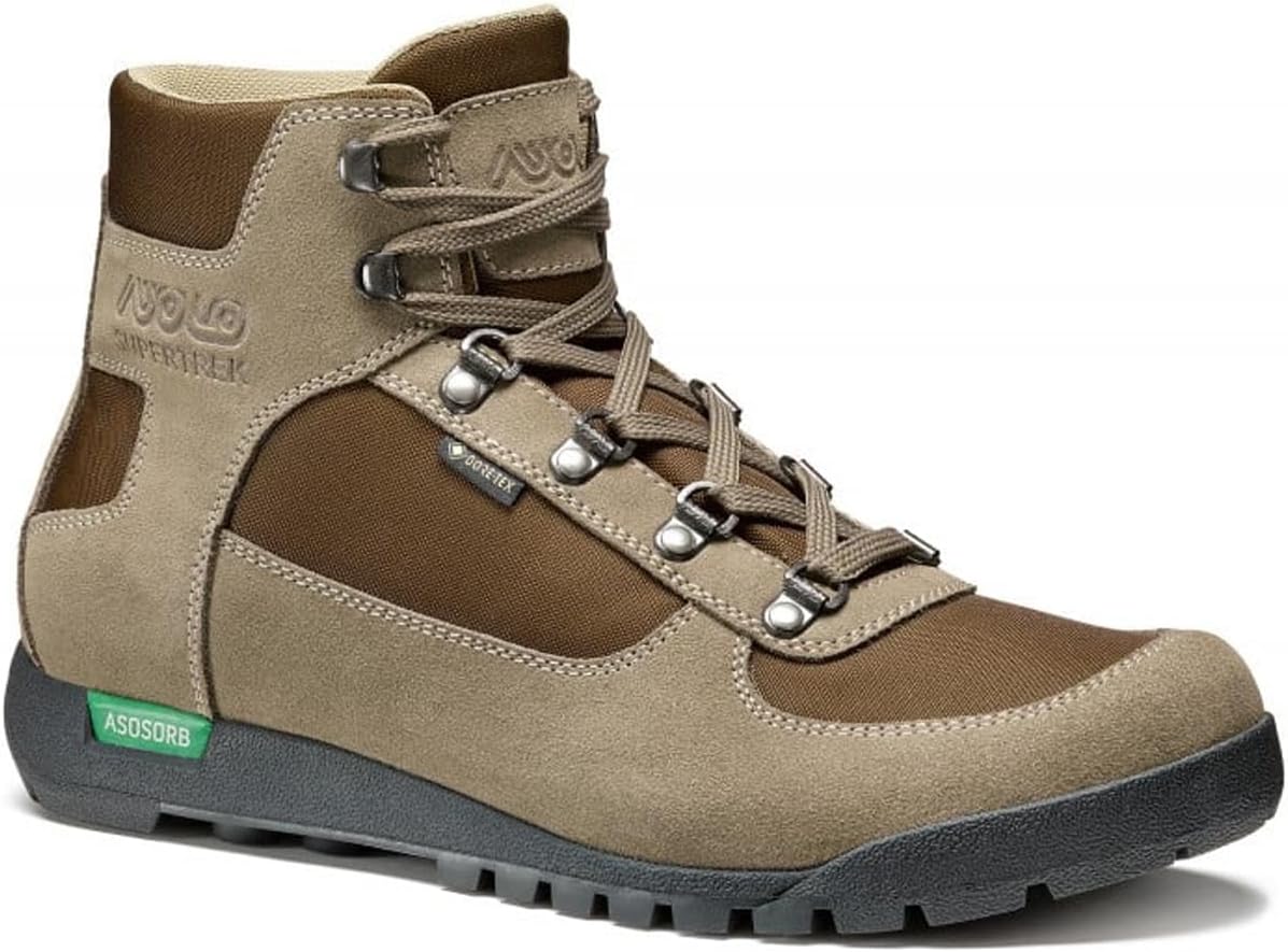 

Мужские походные ботинки ASOLO SUPERTREK GTX с водоотталкивающей и дышащей 1,6-1,8 мм замшей/полиэстером, шнуровкой и амортизированной средней голенью, бежевый/песочный