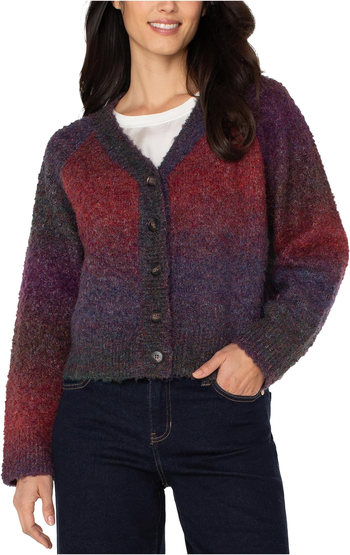 

Свитер Liverpool Los Angeles Women's Petite Long Sleeve Raglan Button Front Cardigan Sweater, Berry Burgundy Ombre