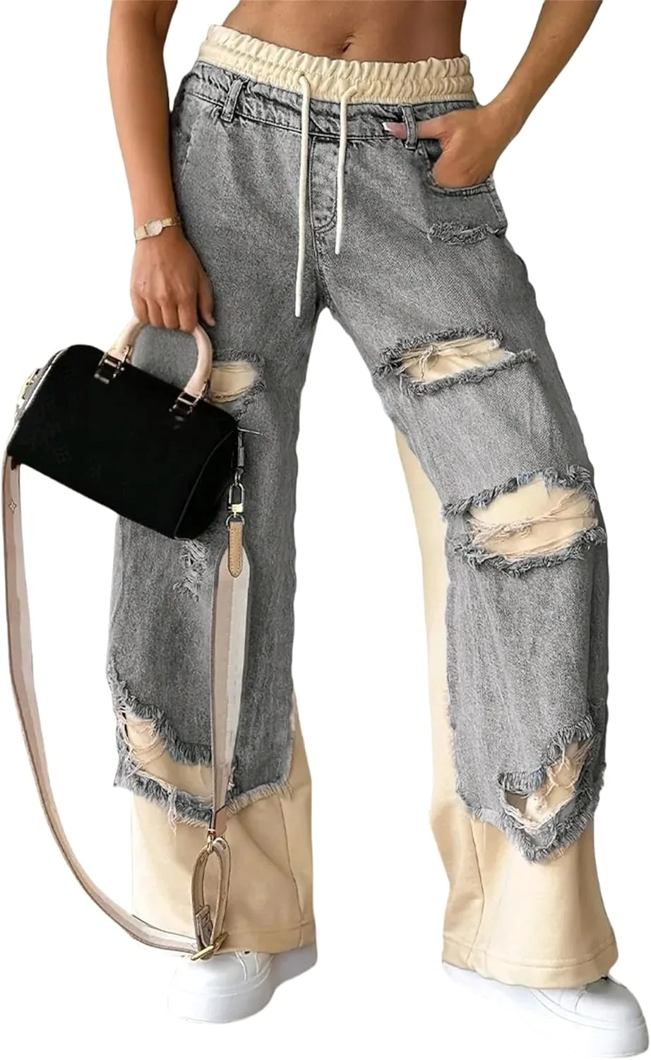 

Женские джинсовые брюки с прострочкой и рваным дизайном, distressed cutout, high waisted, baggy, straight, wide leg