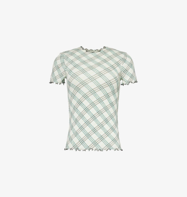 

Футболка из эластичного хлопка с принтом в клетку и оборками Burberry, цвет breeze ip check