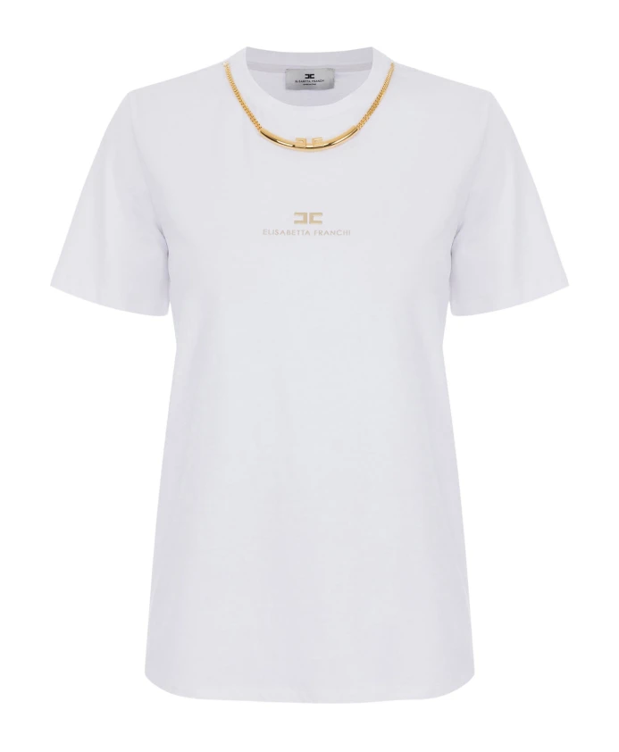 

Футболка с короткими рукавами, украшенная золотым металлическим декором. Elisabetta Franchi, белый