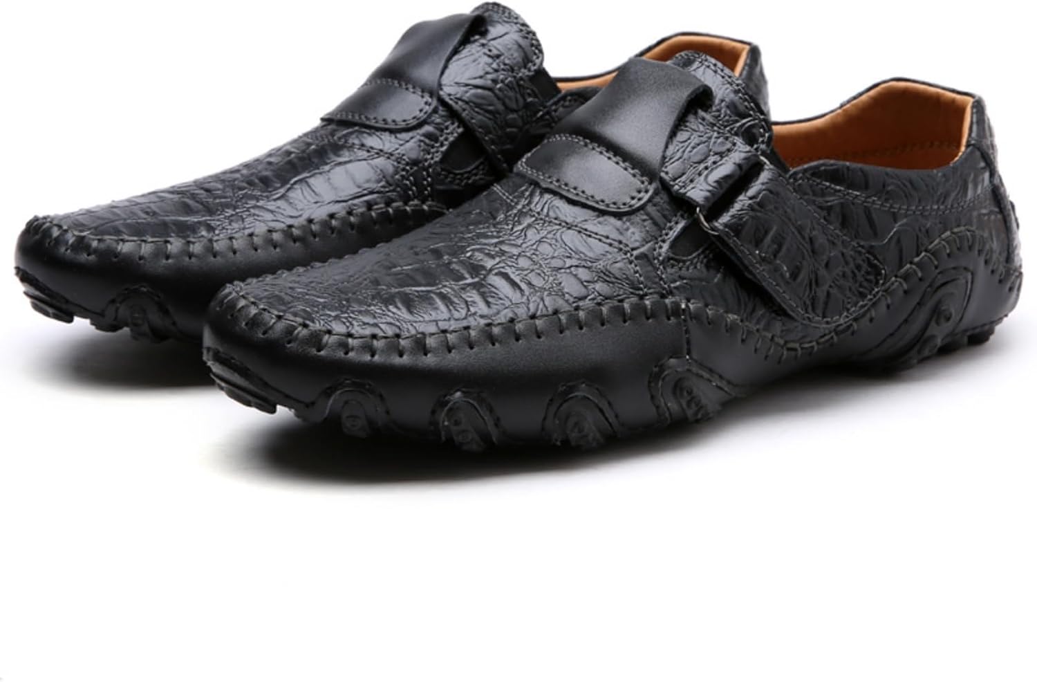 

Мужские ретро лоферы из кожи с рисунком под крокодила, ручная строчка, без шнурков, с регулируемой пряжкой, низкие, с противоскользящей подошвой, легкие повседневные мокасины, прогулок и активного отдыха Qwuieoin, черный
