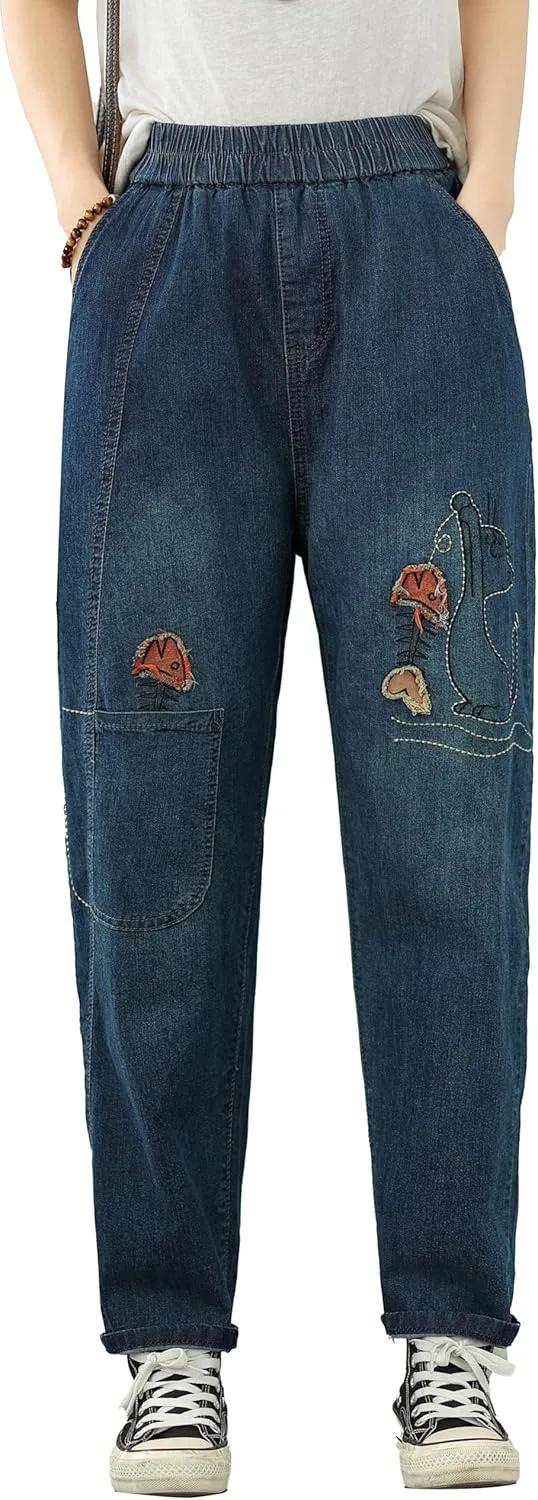 

LAI MENG FIVE CATS Женские джинсы Casual с зауженным низом, эластичной талией и вышивкой