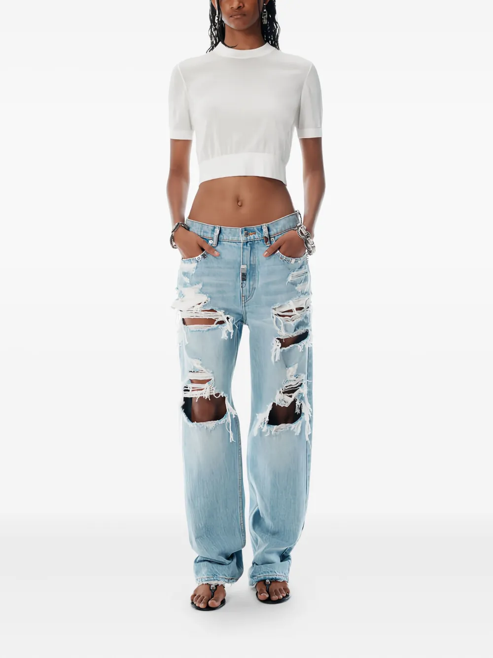 Укороченный топ с короткими рукавами Alexander Wang, белый — фото 2