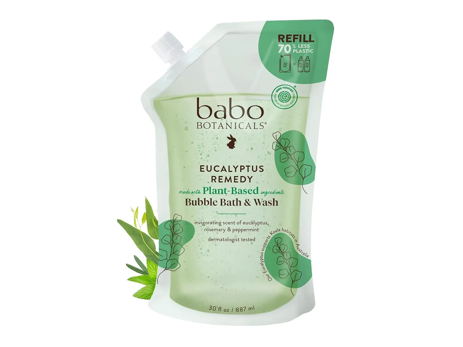 BABO Botanicals Eucalyptus Remedy 2-в-1 Пена для ванны и гель для душа - Освежающий аромат эвкалипта, розмарина и мяты перечной - Для всех возрастов - Сертифицировано EWG - Веганский продукт 887 мл (1 шт.), Eucalyptus