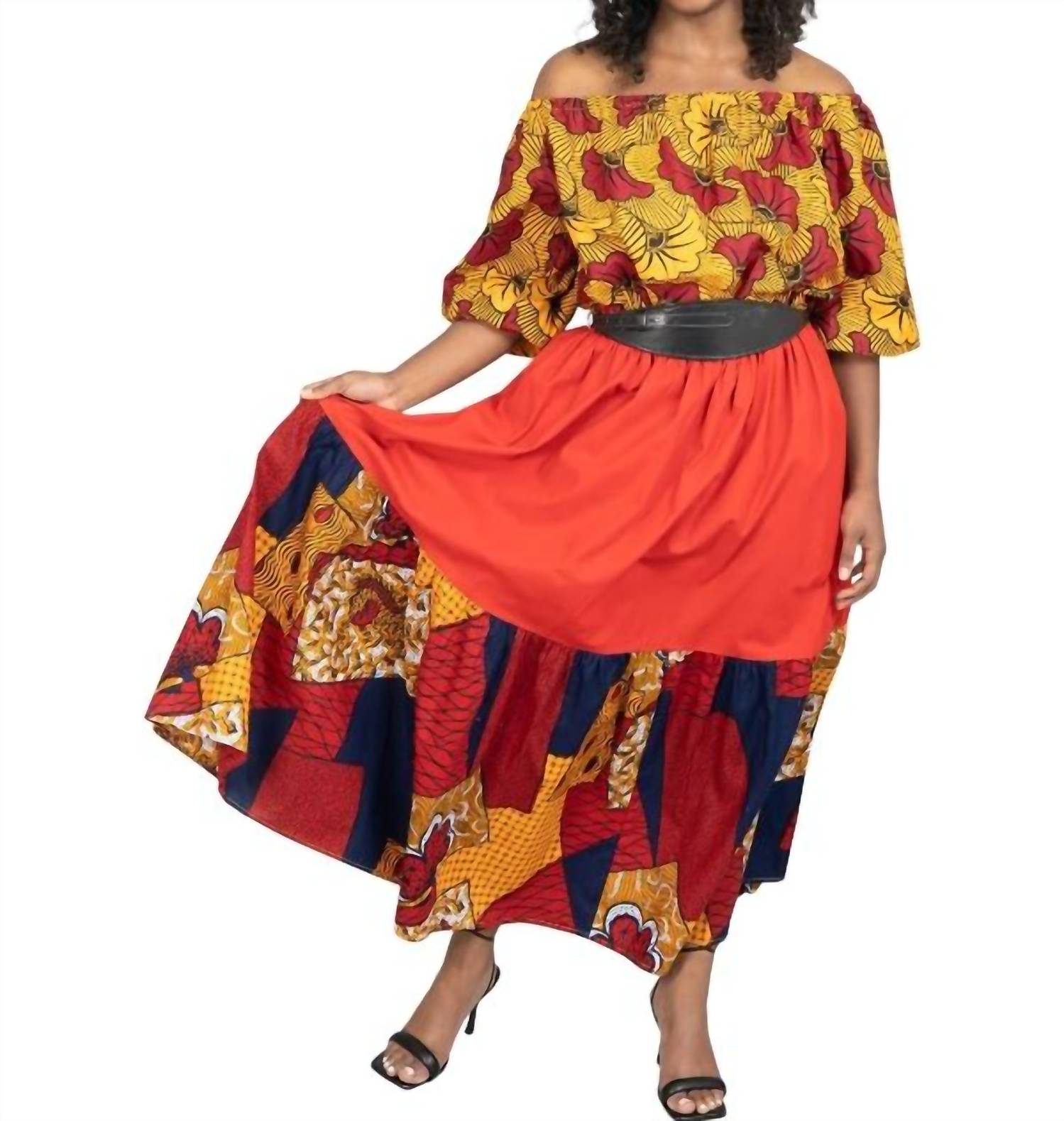 

Kara Chic Длинное африканское платье с открытыми плечами оранжевого цвета