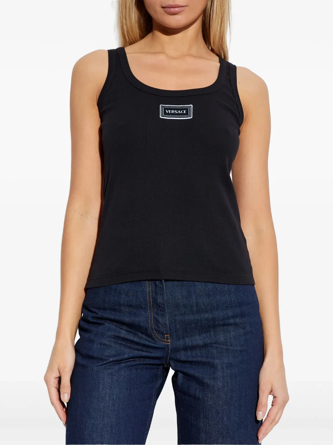 Черный облегающий хлопковый топ с текстовой нашивкой Versace, Black — фото 3