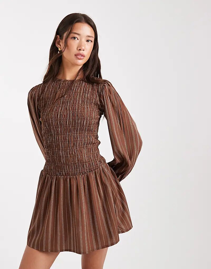 

Коричневое полосатое мини-платье Wednesday's Girl с присборенными деталями