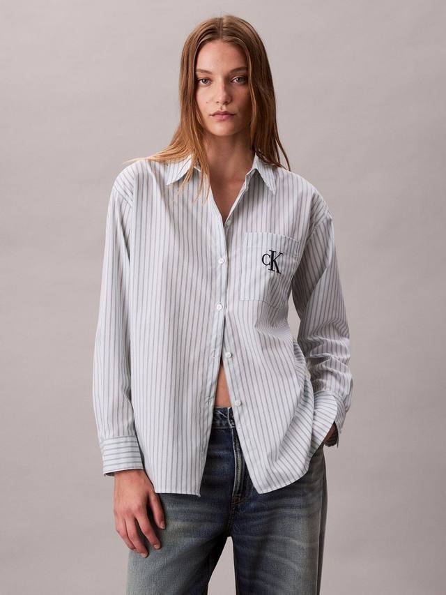 Хлопковая поплиновая рубашка с логотипом в полоску Calvin Klein, Pale Blue — фото 2
