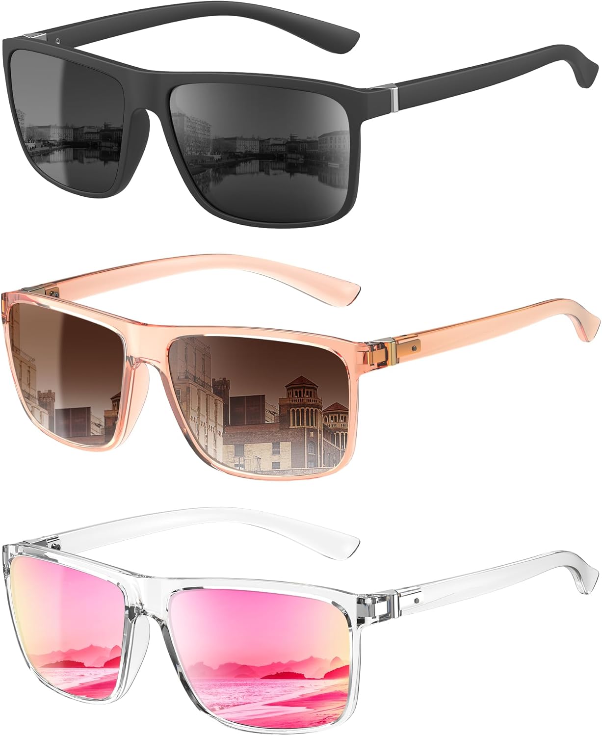 

Поляризованные солнцезащитные очки KALIYADI для мужчин и женщин, мужские солнцезащитные очки с защитой UV400 для вождения, рыбалки, гольфа (3 шт.), (3 Pack) Black/Transparent Brown/Pink