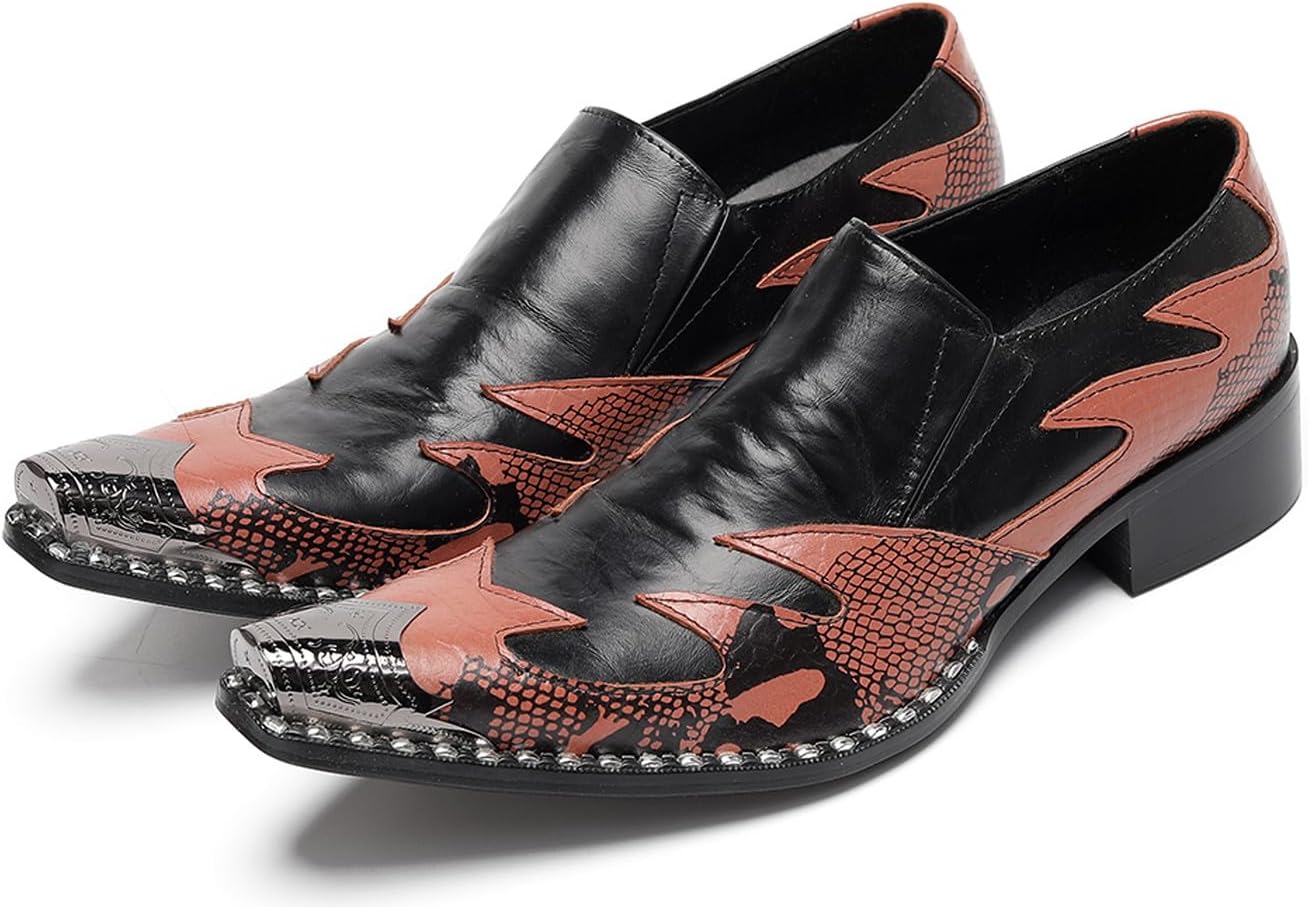 

Мужские туфли-слипоны, повседневные лоферы с металлическим заостренным носком, каблук-блок, двухцветная кожа, стиль вестерн, для офиса, вечеринок и баров Santimon, черный