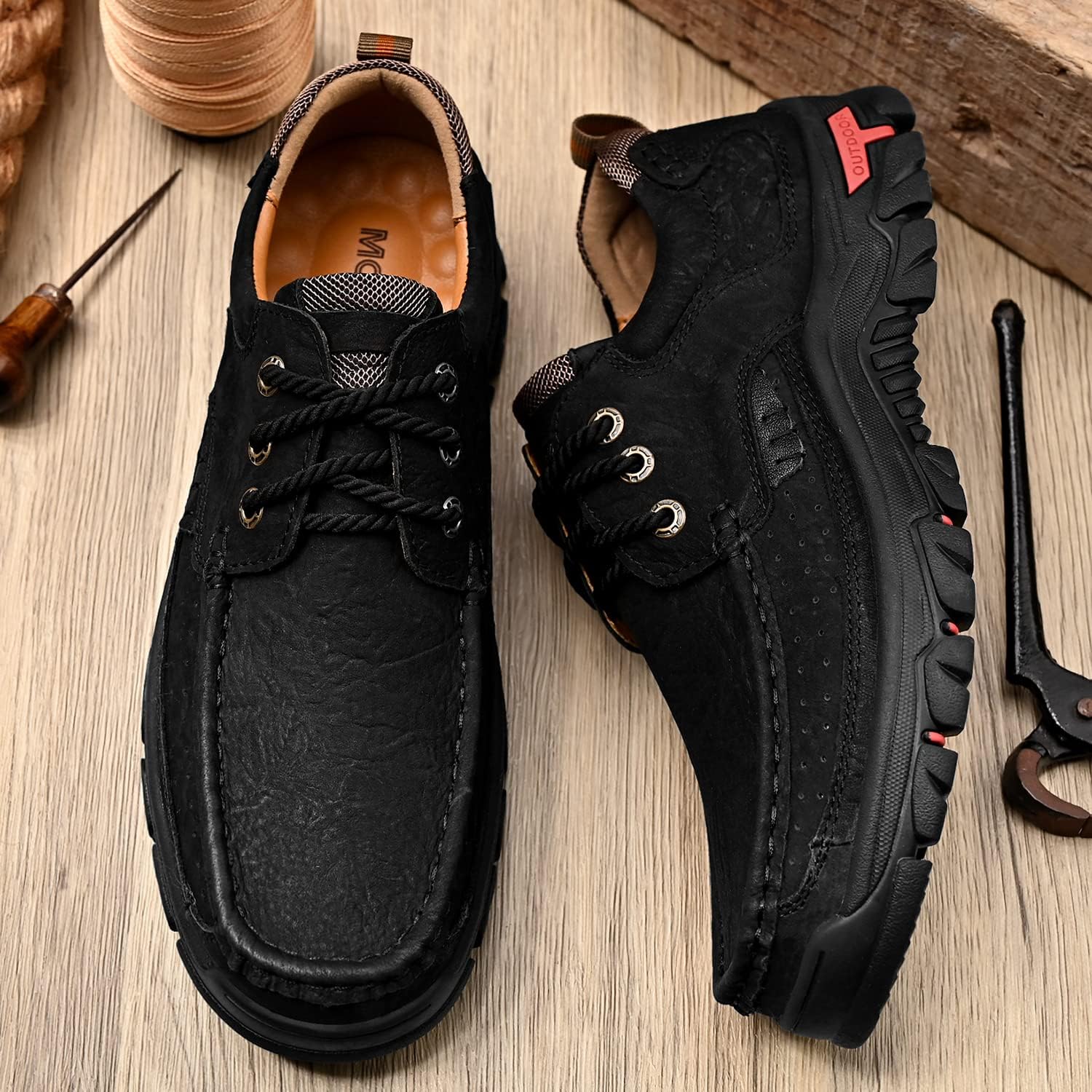 Мужские слипоны с шнурками, повседневные лоферы, классические кожаные туфли для прогулок и походов, удобные для работы, офиса и повседневной носки Mostelo, черный — фото 2