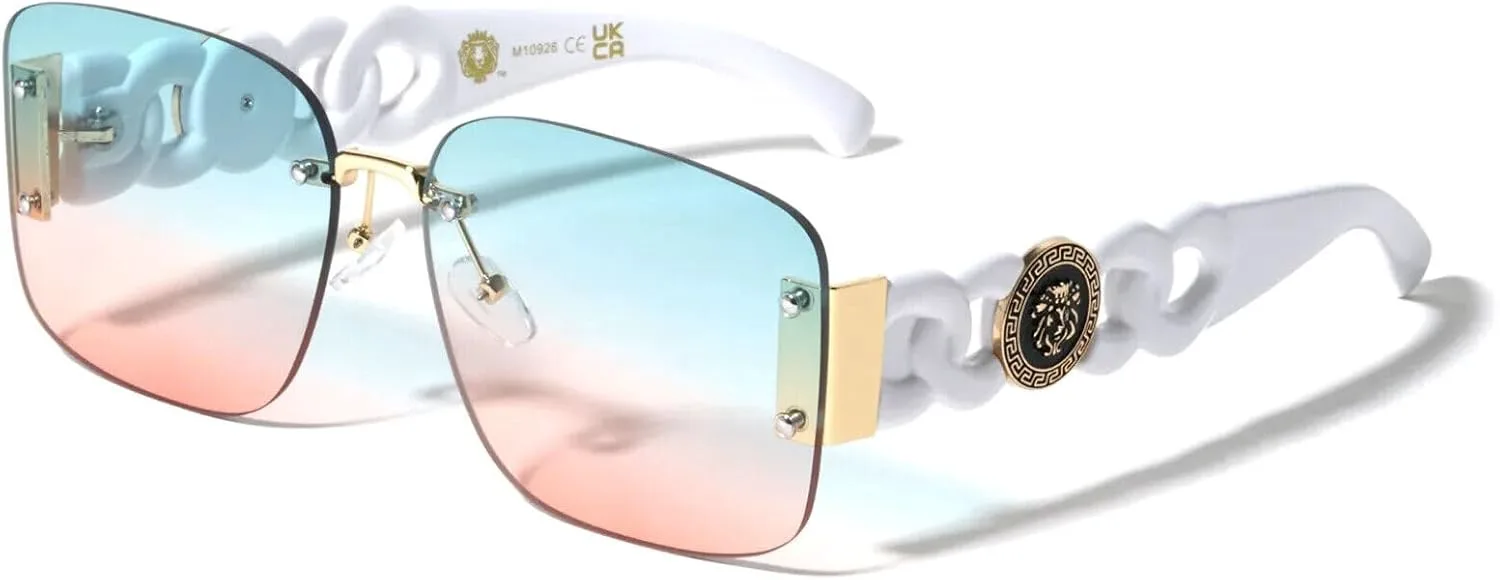 

Солнцезащитные очки Dweebzilla Square Rimless Lion Head Medallion Chain в стиле ретро с дизайнерской цепочкой, White & Gold Frame - Blue Pink Gradient Lenses