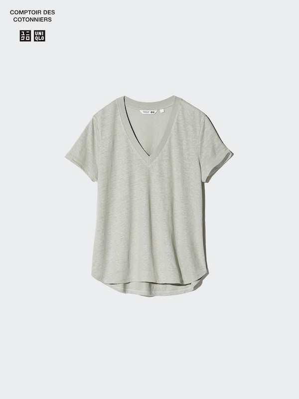Футболка из льна с v-образным вырезом Uniqlo, белый — фото 3