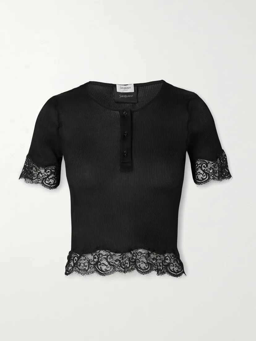Рифленый джерси-топ Henley с отделкой кружевом с волнистым краем SAINT LAURENT, черный