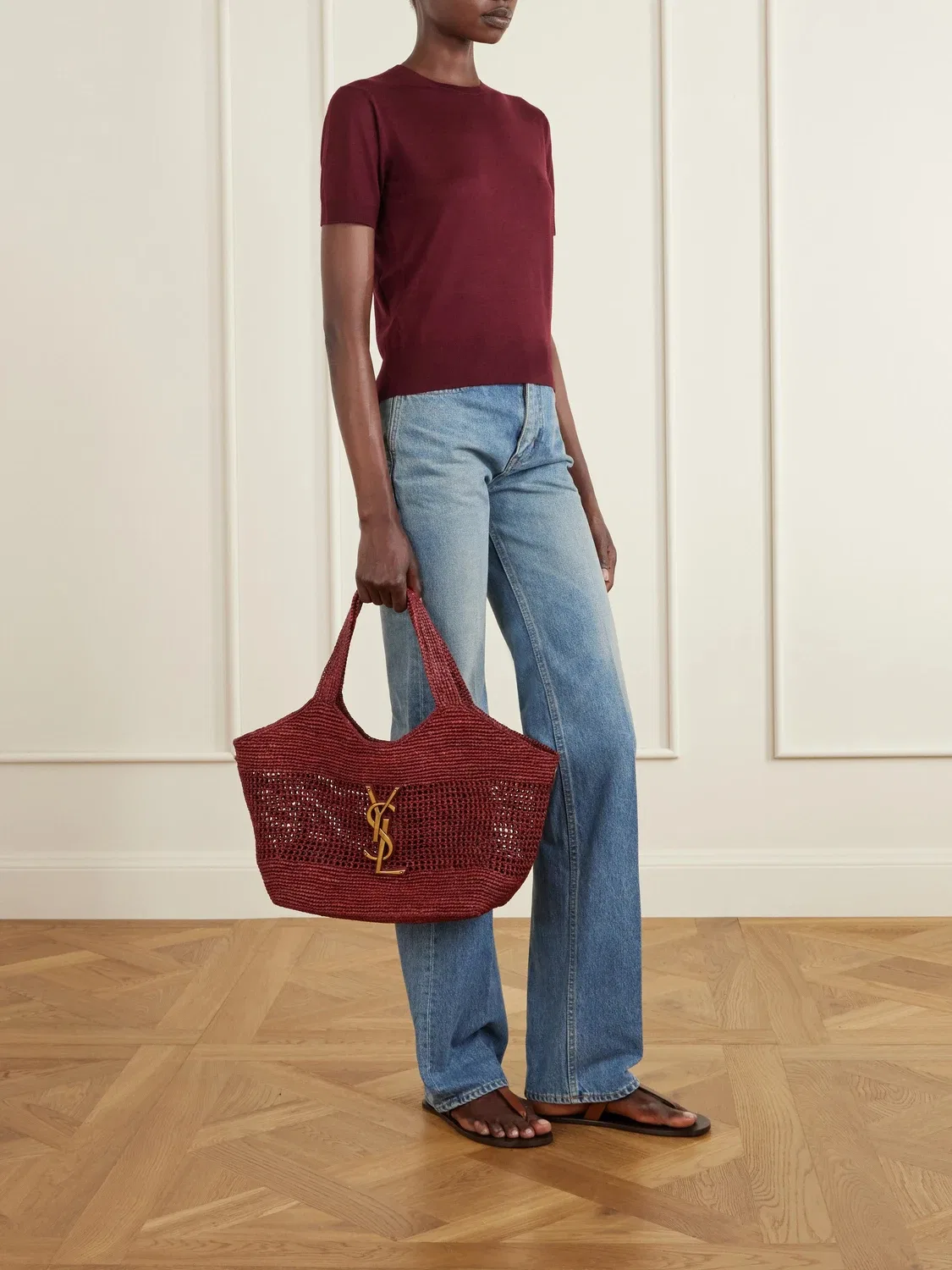 Icare макси-сумка из раффии с кожаной отделкой SAINT LAURENT, бордовый — фото 3