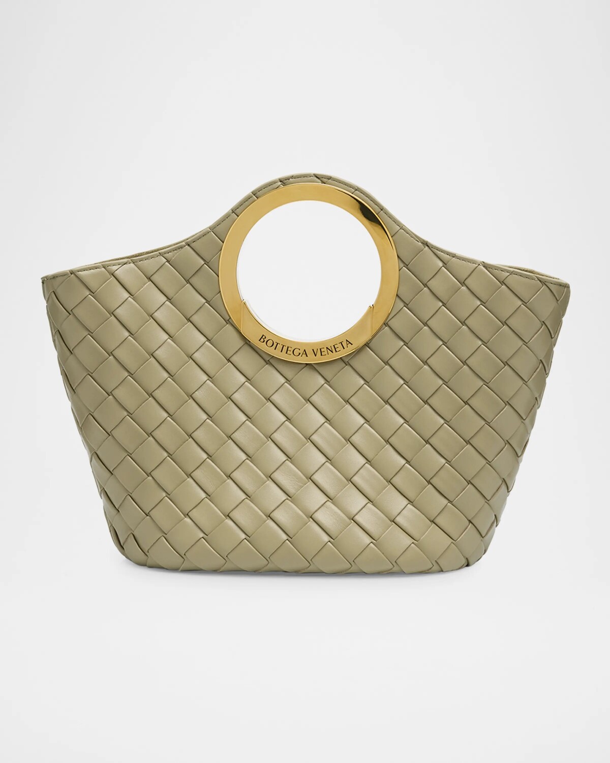 

Маленькая кожаная сумка для пикника с верхней ручкой Bottega Veneta, цвет Travertine Muse