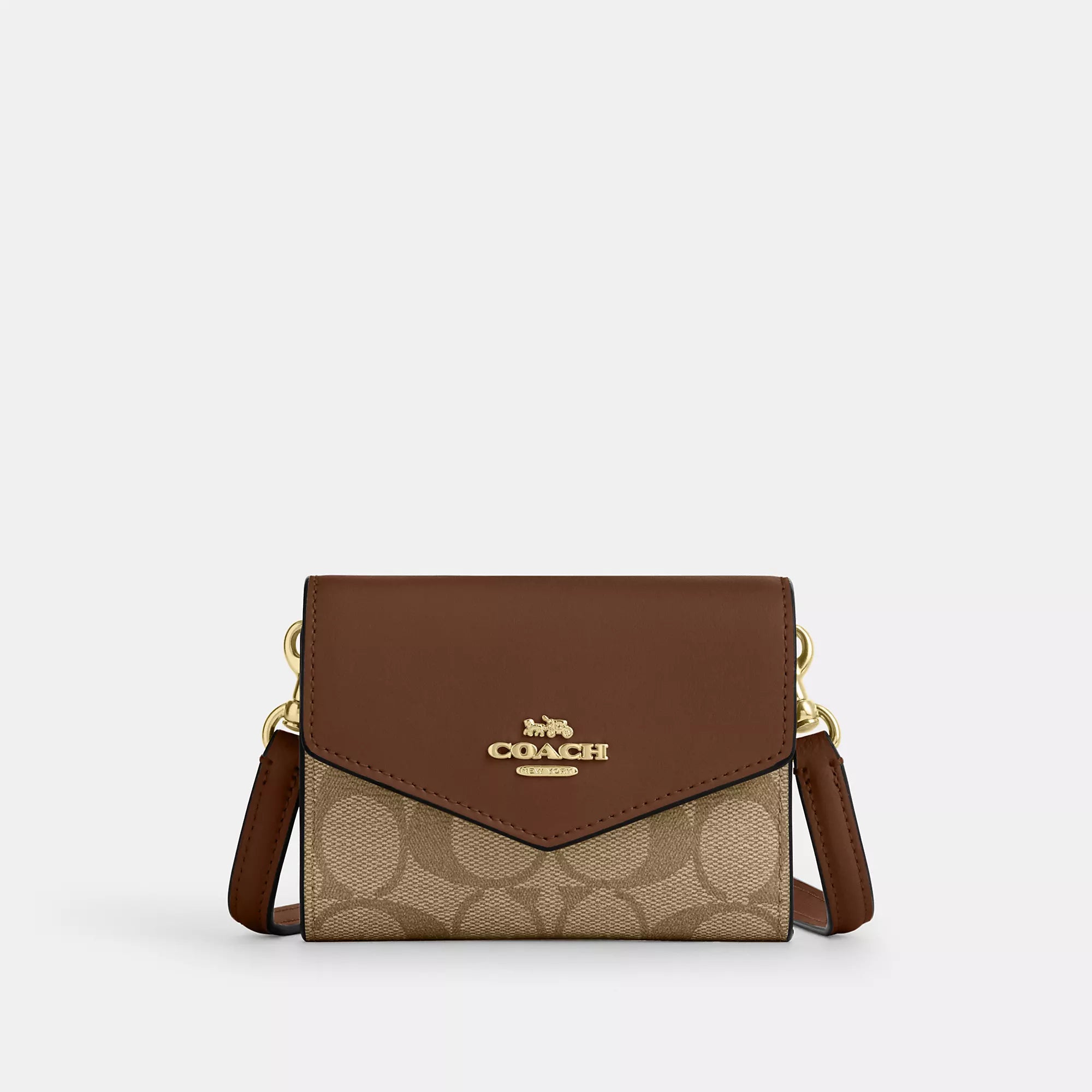 

Мини-кошелек-конверт с ремешком Coach Outlet из фирменной парусины, цвет Gold/Khaki Saddle 2