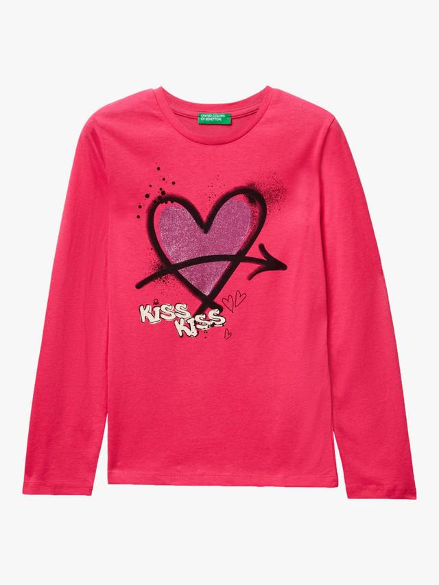 

Детская хлопковая футболка с длинным рукавом и блестящим сердечком Benetton, Violet