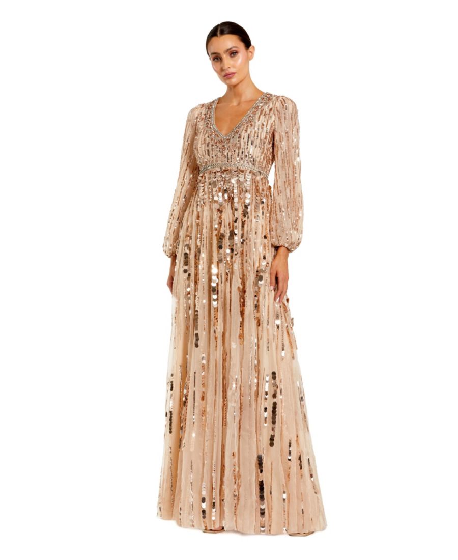 

Женское платье с длинными рукавами и V-образным вырезом из сетчатой ткани с вышивкой Mac Duggal, Beige