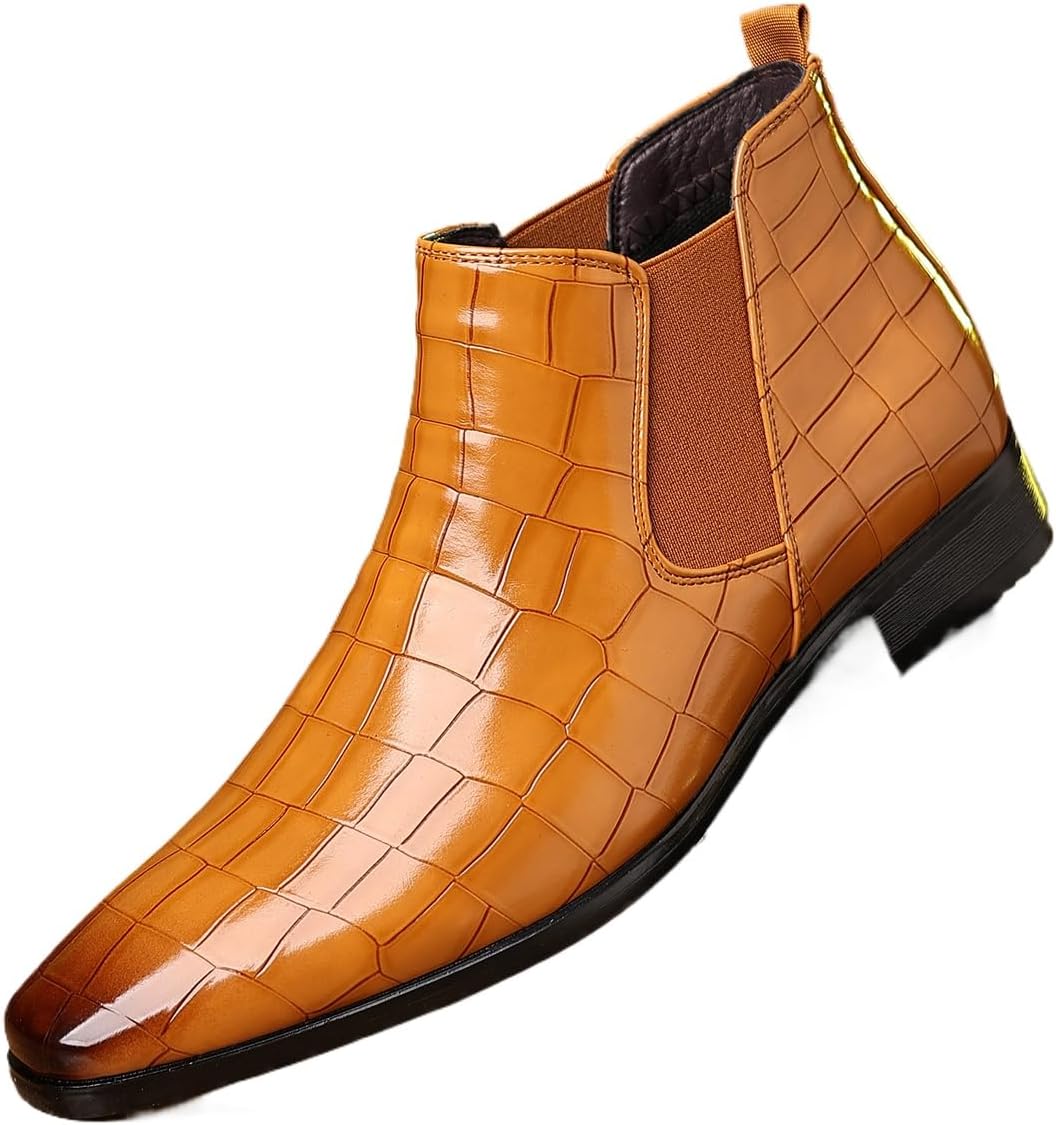 

Мужские кожаные слипоны с принтом, комфортные высокие ботинки с заостренным носком, эластичной вставкой, на деловой и повседневный стиль, ботинки до щиколотки Hhhchpm, светло-коричневый