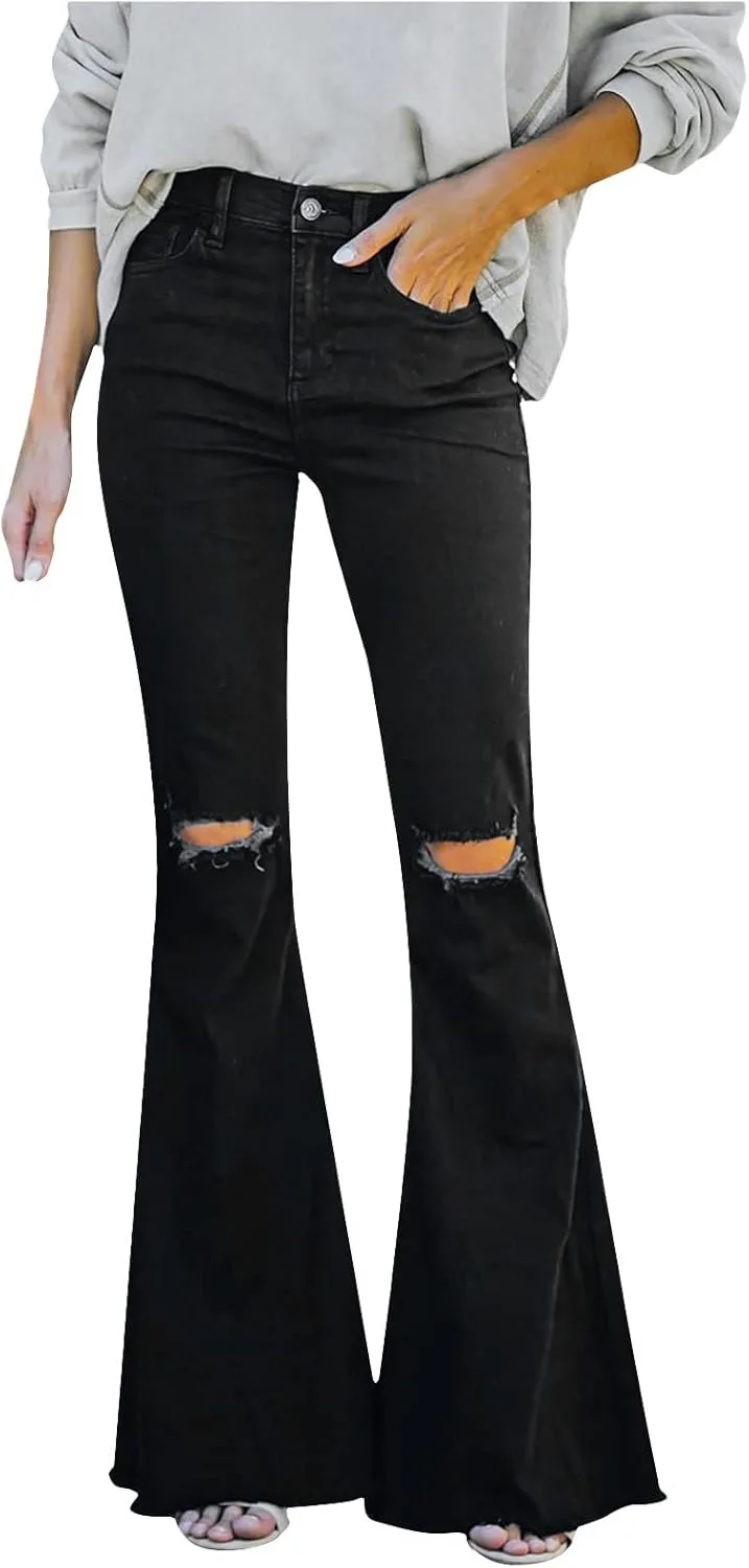 

Женские расклешенные джинсы с потертостями, высокие, растягивающиеся