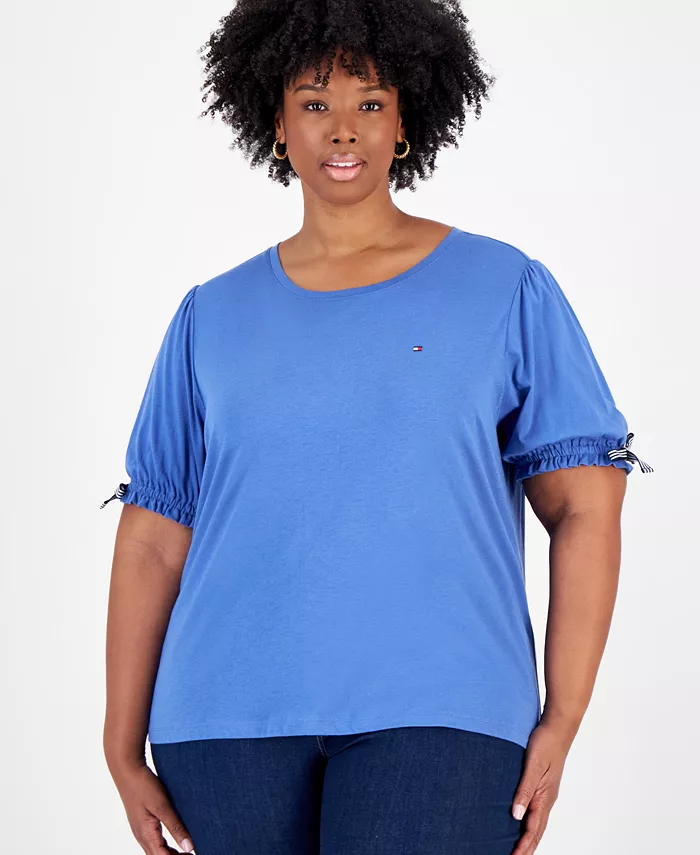 

Топ размера плюс с завязками на рукавах и круглым вырезом Tommy Hilfiger, синий