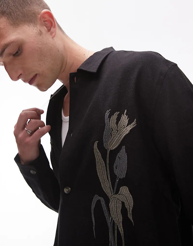 

Рубашка с длинными рукавами и вышивкой спереди черного цвета Topman