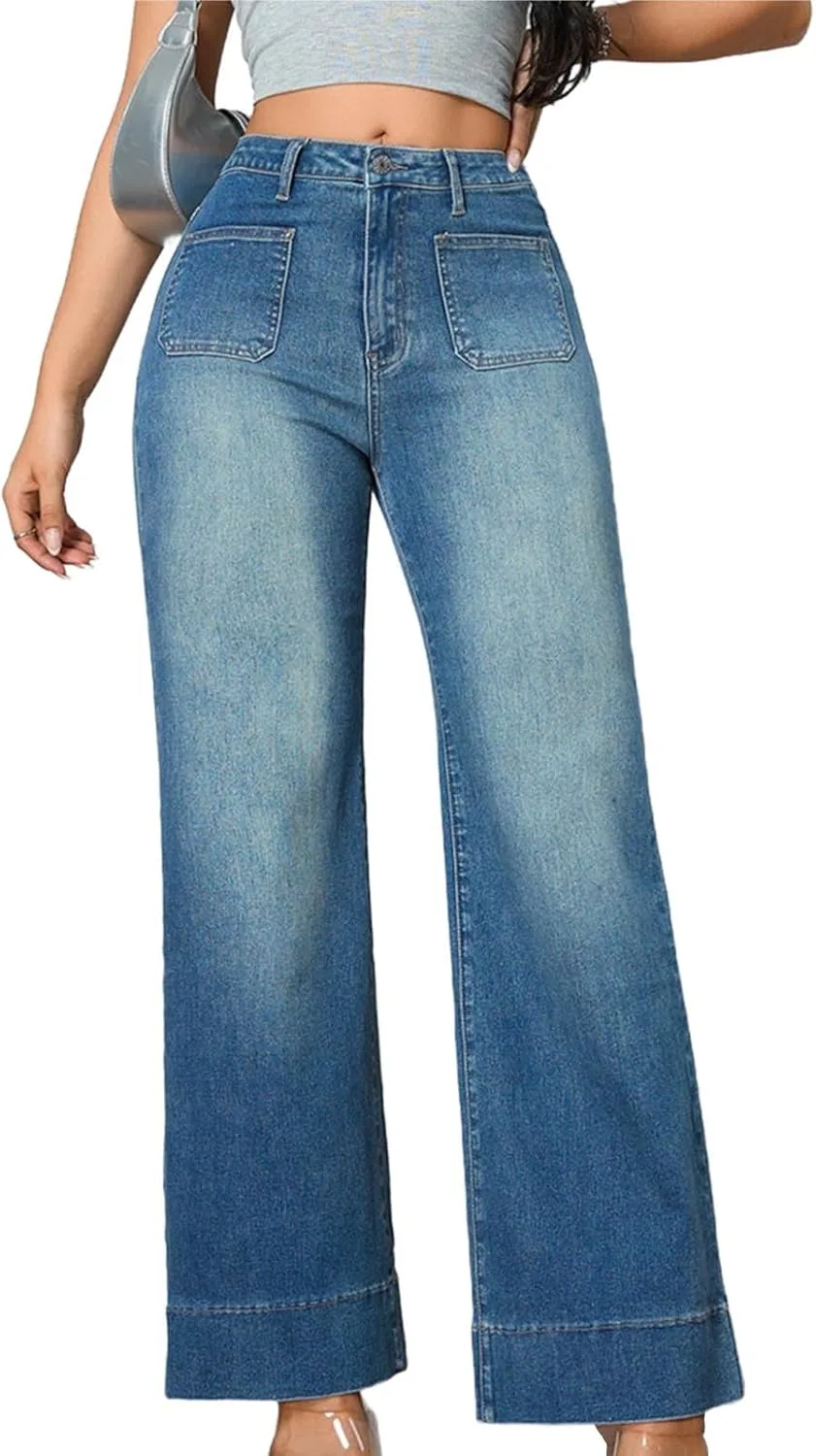 

Oplxuo женские джинсы wide leg high waisted stretchy straight leg