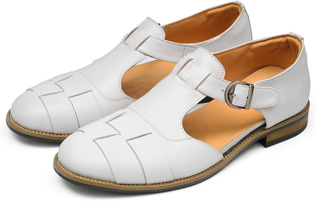 

Мужские кожаные босоножки Santimon с пряжкой-аграфой, Летняя обувь в стиле бизнес-кэжуал, Дышащие, удобные с широкими регулируемыми ремешками летние лоферы, белый