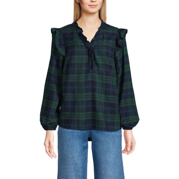 

Женская фланелевая блуза с рюшами спереди и запахом Lands' End, цвет deep forest plaid