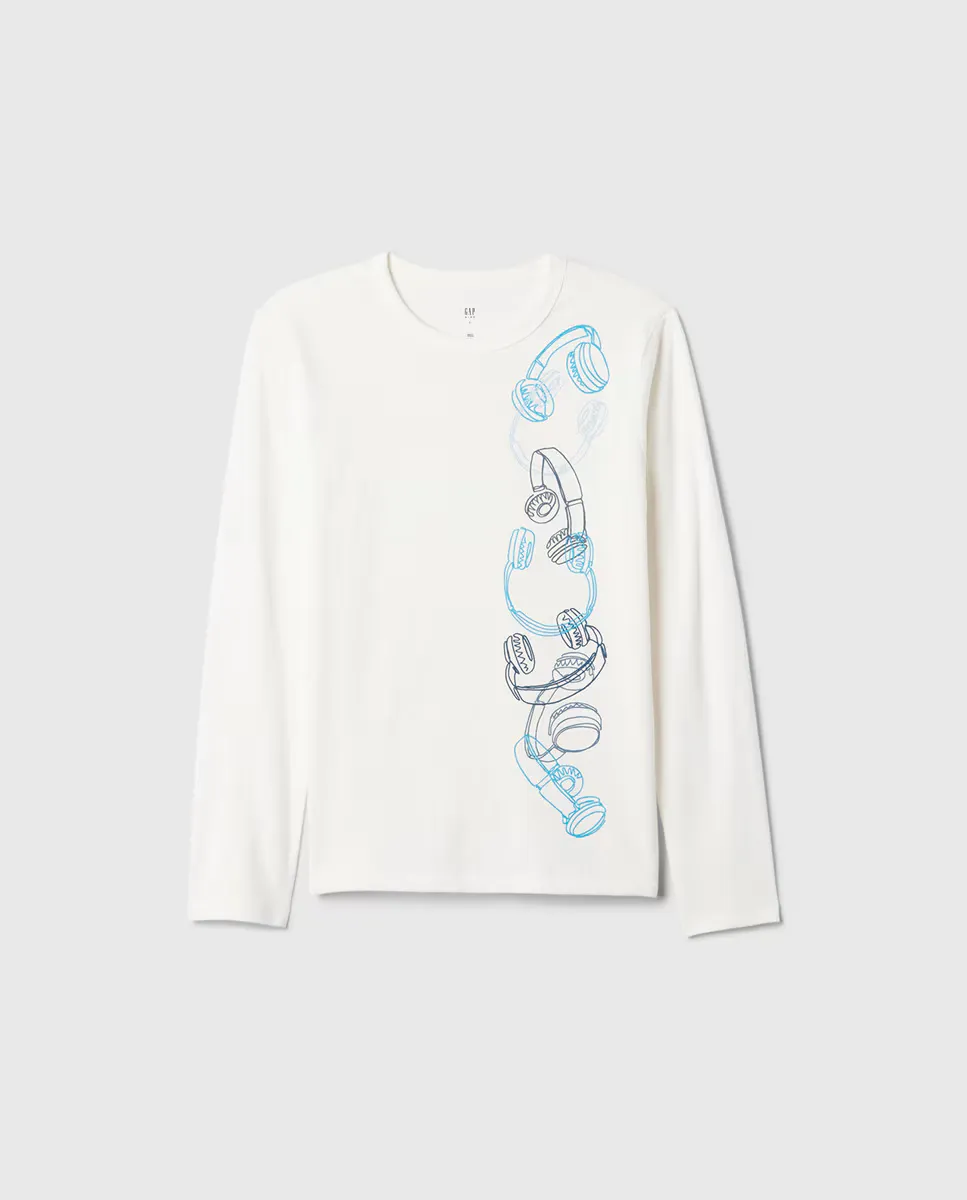 

Футболка с круглым вырезом с длинными рукавами для мальчиков и рисунком спереди Gap, белый