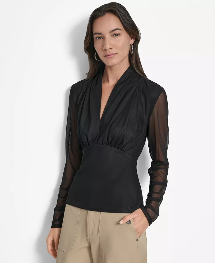 

Женский сетчатый топ с V-образным вырезом и длинными рукавами DKNY, черный