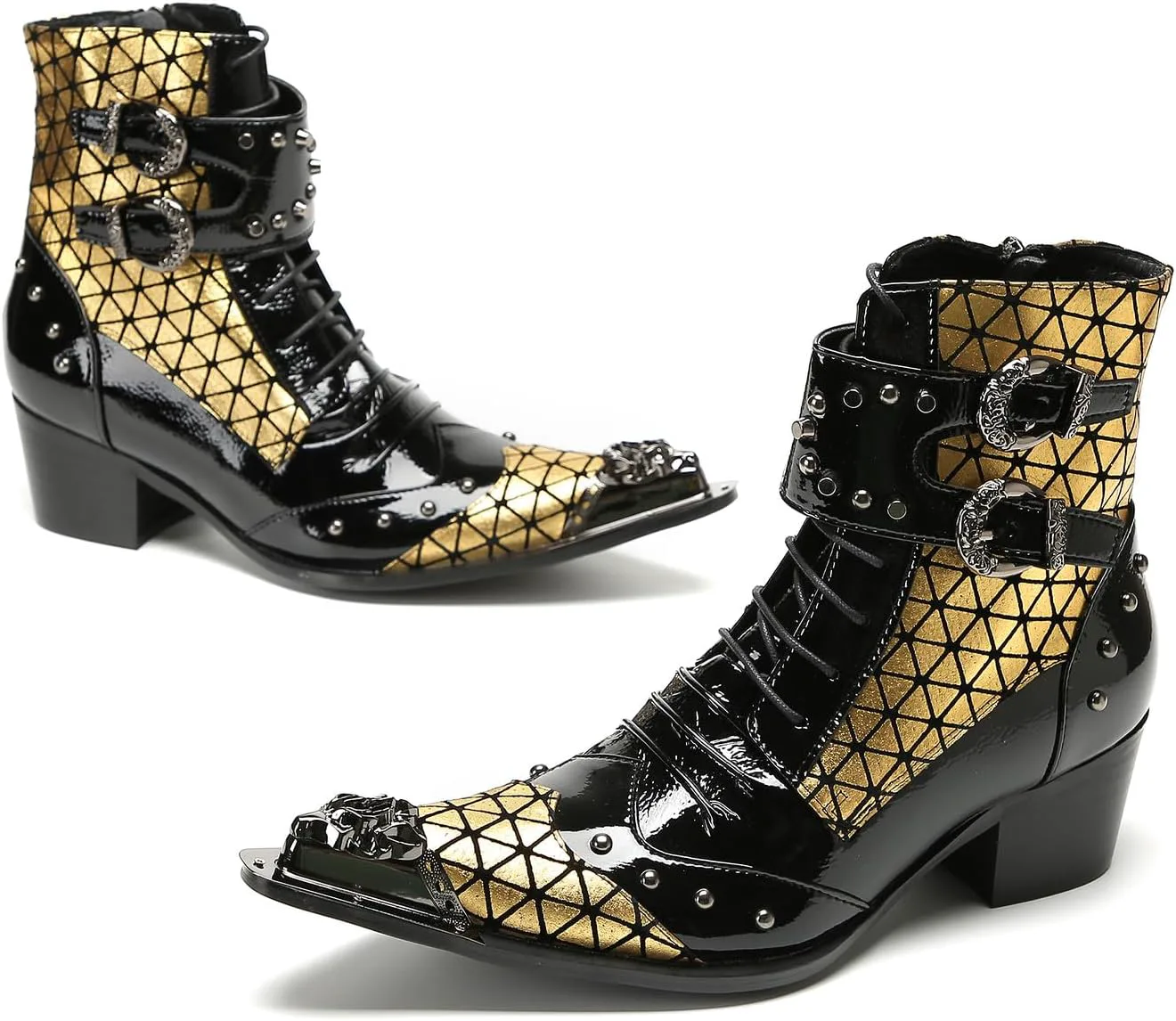 

Мужские готические панк-ботинки Santimon в западном стиле с пряжкой - настоящая кожа, металлический заостренный носок, ботинки на шнуровке с пряжкой и заклепками для клуба, вечеринки или сцены, золотой