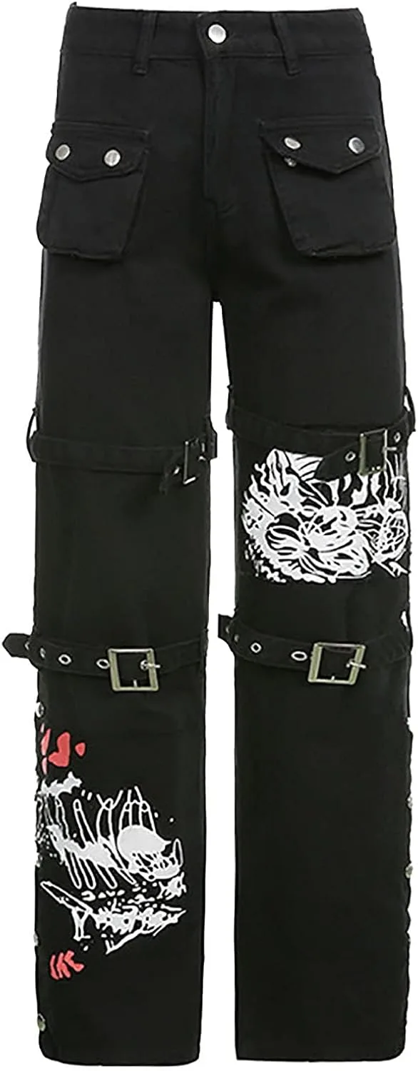 

Низкие готические джинсы для женщин с принтом и эффектом потертости JOFOW