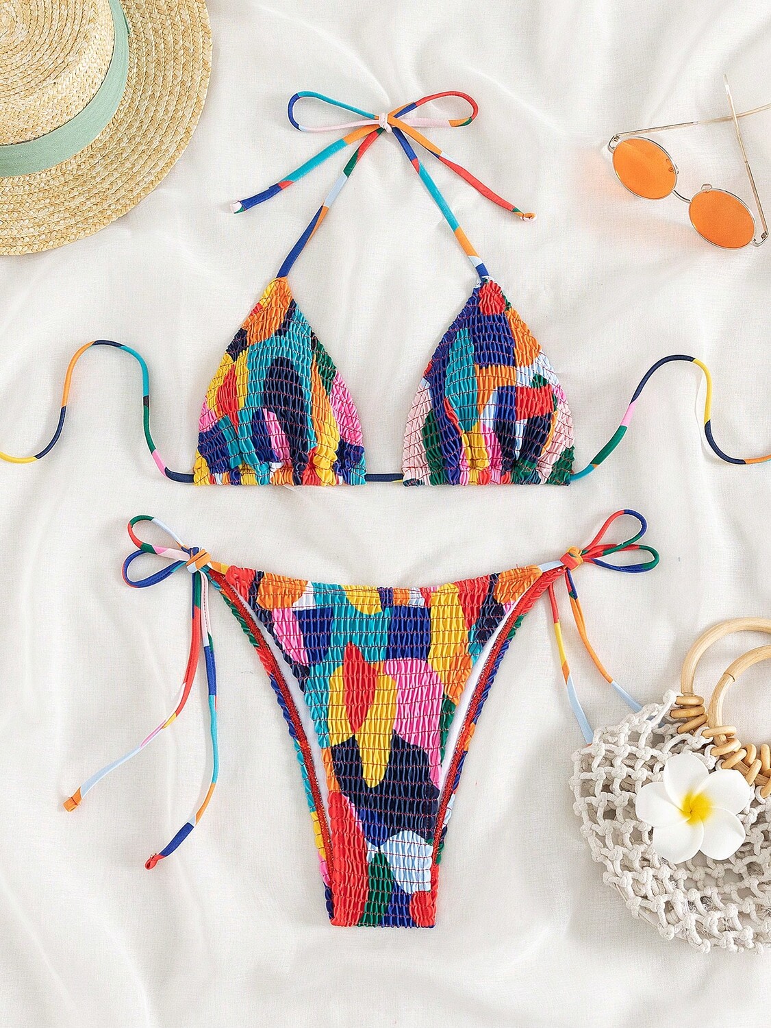 

SHEIN Купальник-бикини Swim Треугольная форма, воротник-бретелька, колор-блок, плиссированный халат, многоцветный